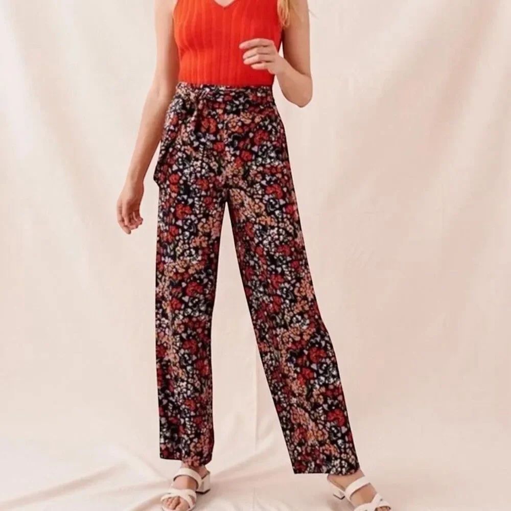 Ann Taylor Factory Floral Wide Leg Pants Women’s Size 6 Tie Waist Pull-On Navy